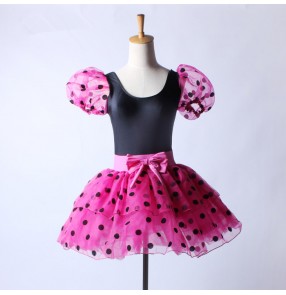 Black fuchsia hot pink polka dot printed patchwork short sleeves girls kids children performance professional competition tutu leotards skirt ballet dance dresses outfits